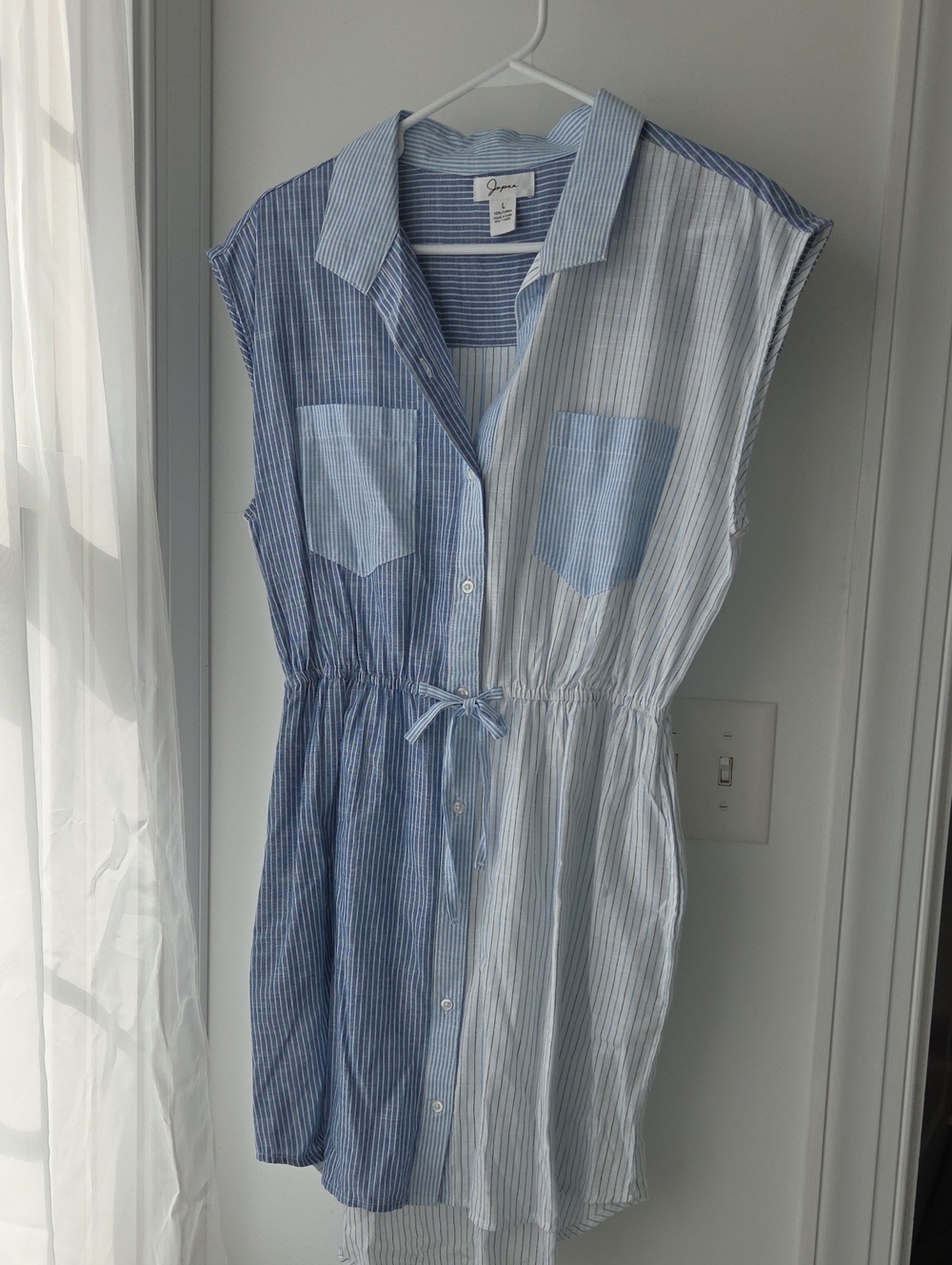 Japna Blue and Light Blue Striped Sleeveless Shirt Dress